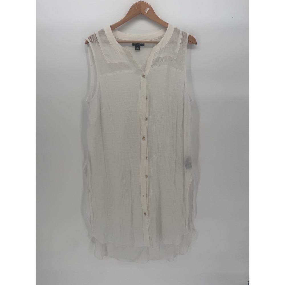 I.N. Studio Woman 1X Cream Long Sleeveless Blouse Mesh Yoke Lightweight Sheer Y2